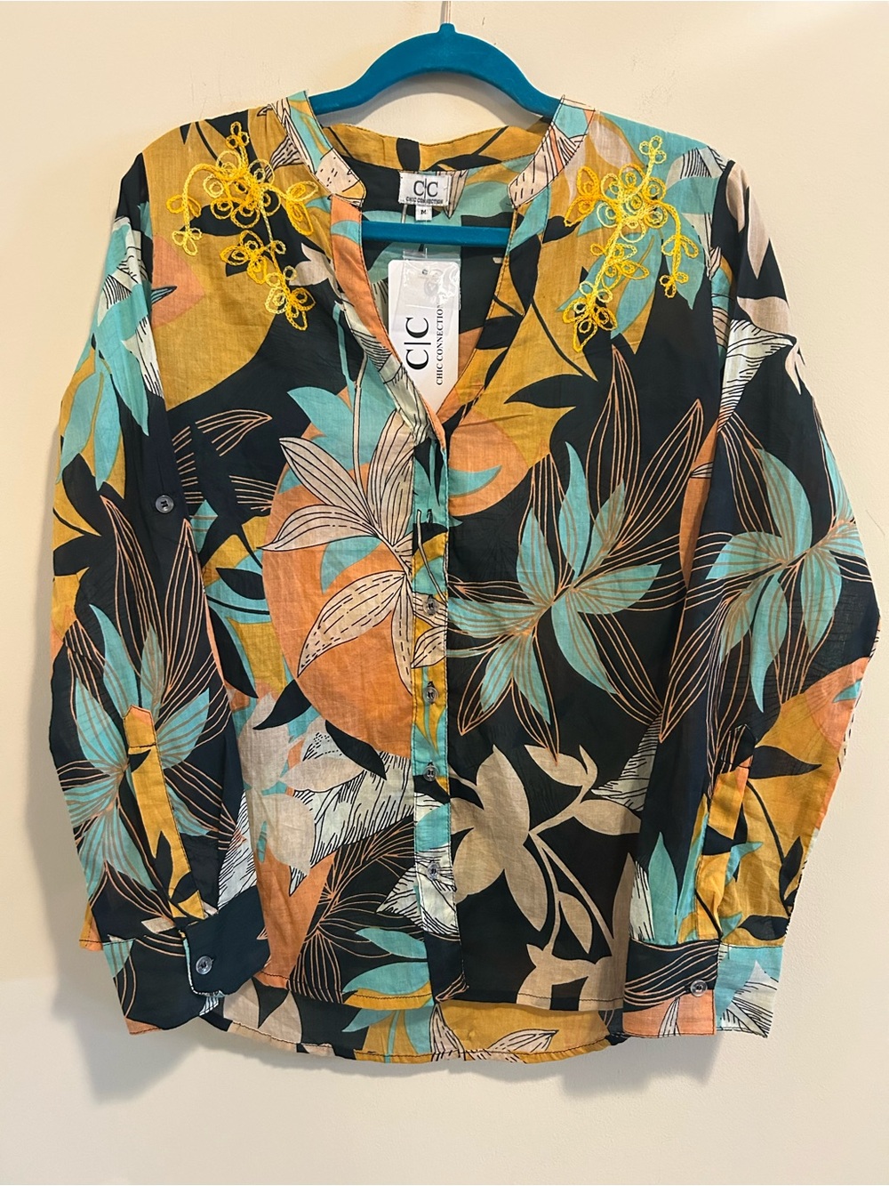 C&C California Black, Teal & Mustard Tropical Print Button-Down Shirt